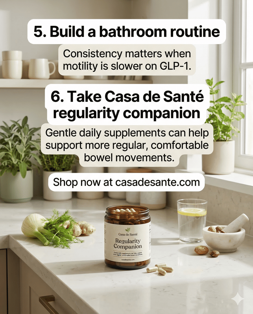 casadesante's tweet image. GLP-1 constipation is common when digestion slows. 

Start with hydration, walking, smaller meals, and careful fiber. 

For gentler digestive support, explore Casa de Santé’s GLP-1-friendly products at casadesante.com

#GLP1Support #ConstipationRelief #CasaDeSante