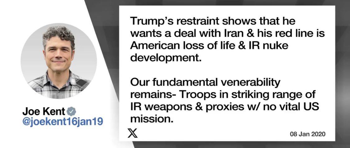 For all those that don’t know, Joe Kent had not been involved in any of the Iran meetings for over two months, but he was a big supporter of the hard line with nuke development. Typical politician that had 2 failed senate runs. Flipped from the good patriot/soldier he was. Sad…