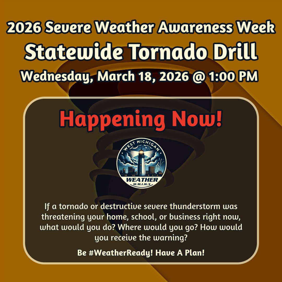 HAPPENING NOW:

The annual statewide tornado drill is happening right now! Take this opportunity to practice your severe weather safety plan! 

If you don't have one, NOW is the time to create one. Don't wait until severe weather strikes!

Be #WeatherReady! Have a plan!
