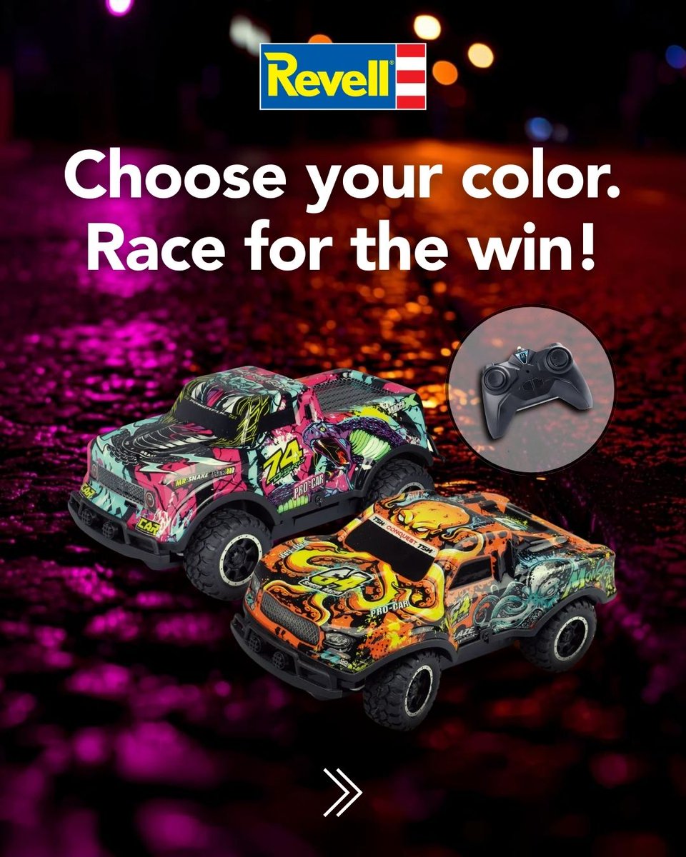 RevellUSA's tweet photo. Ready, set… glow! 🚦✨
The purple and orange Ghost Driver RC cars from Revell light up every race with bright LED action. 💜🧡
Grab your Ghost Driver RC car here and light up the track: https://t.co/udOgEvslxg
#Revell #RCGhostDriver #RCCar #GhostDriver #RCRacing https://t.co/5ZmsIIdBxu