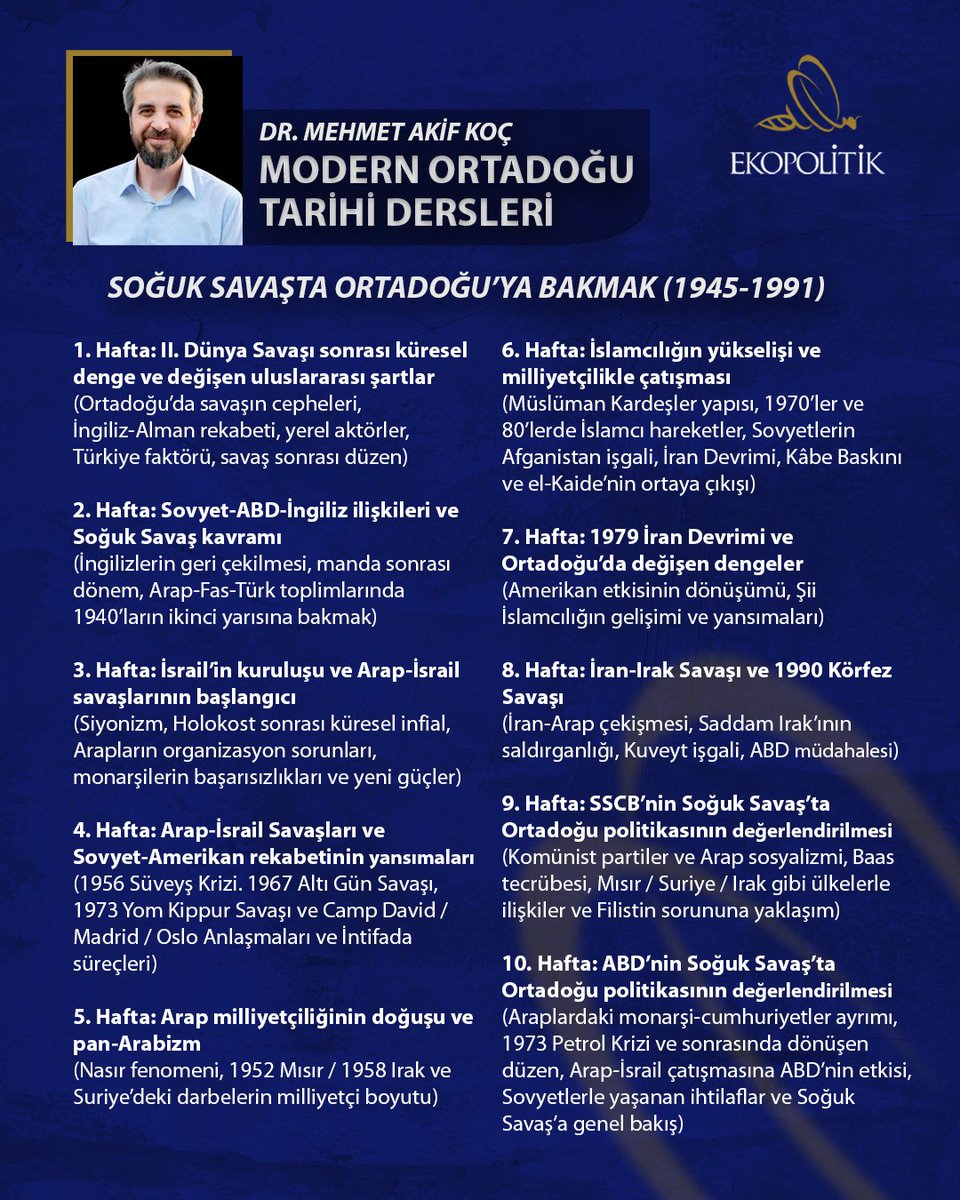 Ekopolitik'te [<a href="/ekopolitikTR/">Ekopolitik</a>] Modern Ortadoğu Seminerleri devam ediyor 

Bu akşam (18 Mart) 20.30'da 3. derste beraber olacağız; konumuz İsrail'in kuruluşu ve Arap-İsrail savaşları

Ücretsiz kayıt ve detaylar için: forms.gle/Ufrzb2V6FhGCnB…