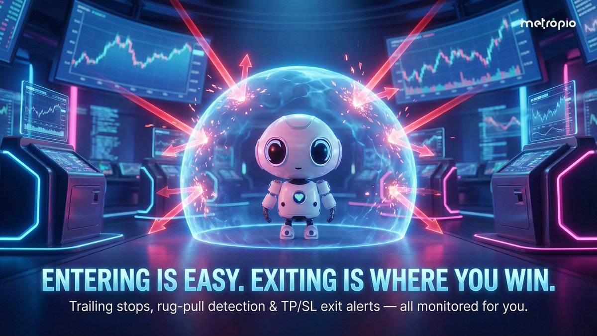 metropio_news's tweet photo. 💎 Finding a gem is only half the trade. Knowing when to exit is where 90% of traders fail.

You caught a 300% pump — and then round-tripped it back to zero because you held too long. Sound familiar?

Metropio's Exit Intelligence monitors every active signal and sends you TP/SL exit alerts based on configurable milestones (100%, 200%, 500%+). It also detects rug-pull patterns early and tracks trailing stops — so you always know when it is time to act.

Remove emotion from your exits. Let the data tell you when to take profit.

#metropio $MET