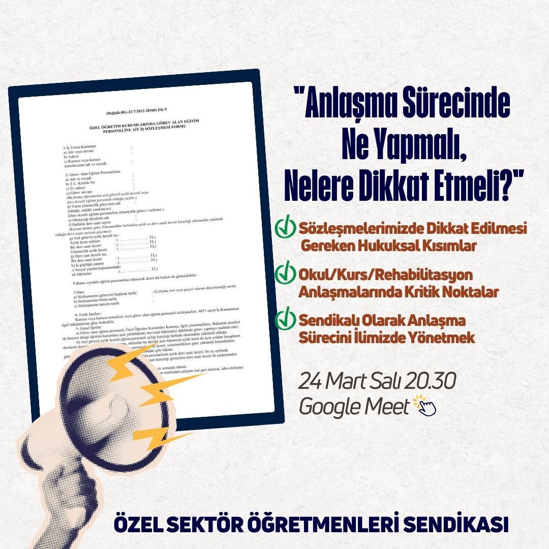 📣 Sözleşme döneminde Sendikalı olmanın, birlikte hareket edebilmenin gücünü kullanalım. İlimizde, tüm çalışma alanlarında daha iyi sözleşmeler imzalayabilmek için neler yapmamız gerektiğini birlikte konuşalım. 
Not: Buluşma linki il gruplarından yayımlanacaktır. Herhangi bir il