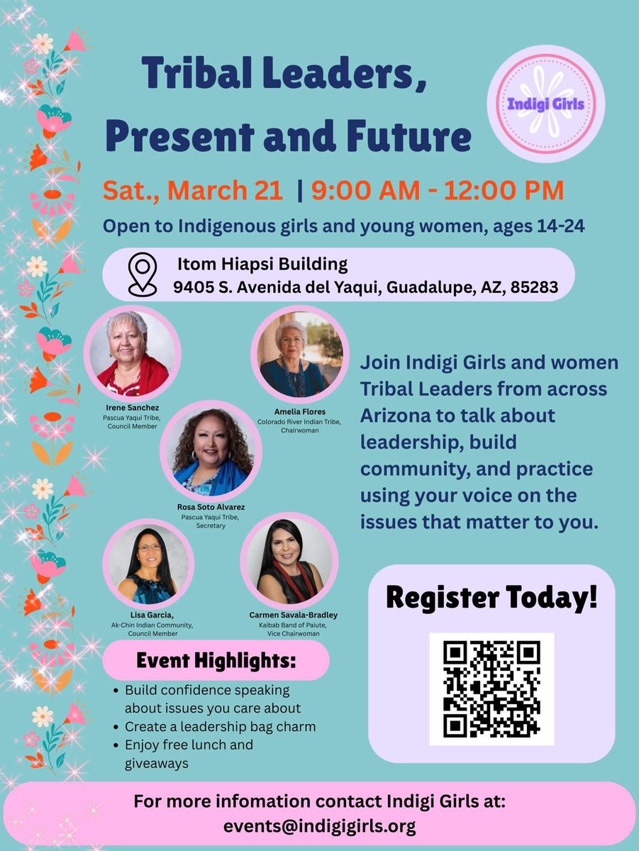 Can’t make the 3.24 virtual event? Join Indigi Girls in person instead on March 21 at 9 AM (lunch included!).

AIGA encourages you to spread the word and support the next generation of Tribal leaders.

Register via QR code or contact events@indigigirls.org