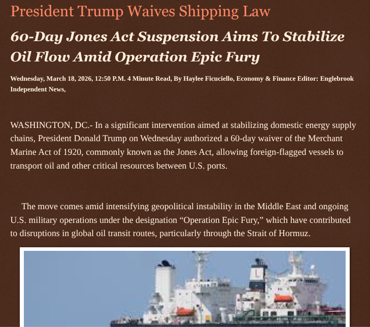 ArtFletcher9's tweet photo. President Trump Waives Shipping Law https://t.co/x4wx0g57rg via @Englebrooknews #WashingtonDC #PresidentTrump #USEconomy #Waiver #JonesAct #MerchantMarineAct #stabilize #oilflow #prices #hayleenews @wireless_step @HRG_Media @LodiNJNews @HayleeNews @Fordmb1953 @SarahGeving1 @Shannon96574094 @Daytobehappy @janninereid1 @gator4kb18 @MichelleF_35 @TrumpWasRite2 @KathyKbrose @RobGerundo @JimBobW49