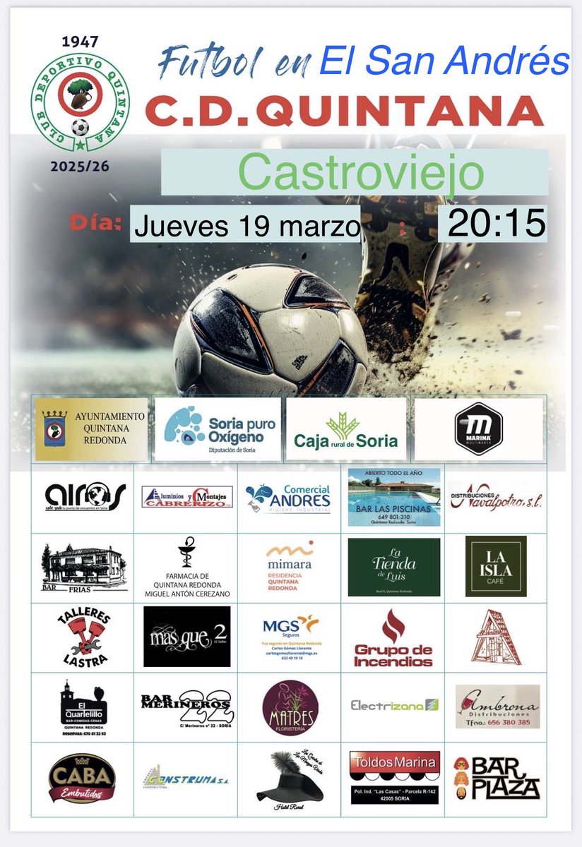 Mañana recuperamos el aplazado como locales ante el Castroviejo que debía haberse disputado una fría mañana de 21-dic en la que El Cántaro amaneció nevado. Lo haremos en Soria, en el Campo de San Andrés, a las 20:15, ¡no te lo pierdas! #VamosQuintana 💪🏻💚