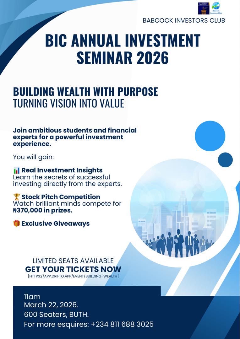 babcockinv6903's tweet photo. Get your free tickets for the Annual BIC Investment Seminar 2026.
[https://t.co/xAusLDtMhp]

• Network with ambitious students
• Giveaways
• ⁠Refreshments and other amazing opportunities

You might also want to send this to a friend who should attend with you. https://t.co/KSeDSlcMzt