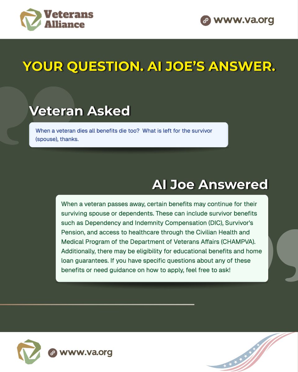 VeteranSupport9's tweet photo. Got a question about VA benefits? You’re not alone—and you don’t have to figure it out the hard way.

Ask your question anytime and get started here:
👉 https://t.co/kvPq9RBhVR

#VeteransAlliance #AIJoe #VABenefits #VeteranSupport #VeteranCommunity #AskAI #VA #SupportVeterans https://t.co/Ay4yF9PUPU