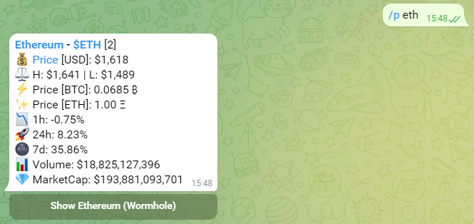 CoinTrendz's tweet photo. ✨Bot Command Showcase✨

Featured command: /p 🔥

This command can be used to show price, volume and marketcap info on any coins from coingecko. ⚡

Command Format:
- /p btc

Text our Free Bot and type '/p' to try the command now!
https://t.co/RrxmWEZXwr https://t.co/eQYRWbEnpc