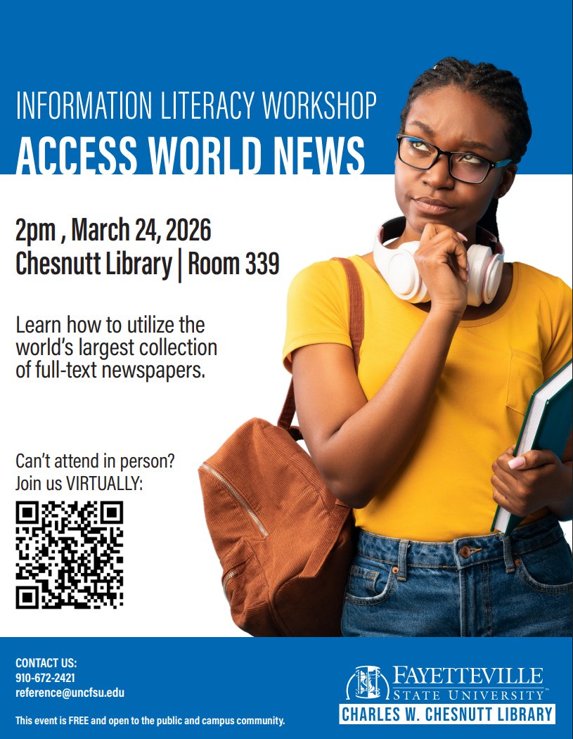 3/24: Learn how to utilize the world's largest collection of digitized newspapers through your library.
uncfsu.libcal.com/calendar/libra…

#uncfsu #chesnuttlibrary #fayettevillestatebroncos #charleswchesnuttlibrary #fayettevillestateuniversity #fayettevillestate #BroncoPride