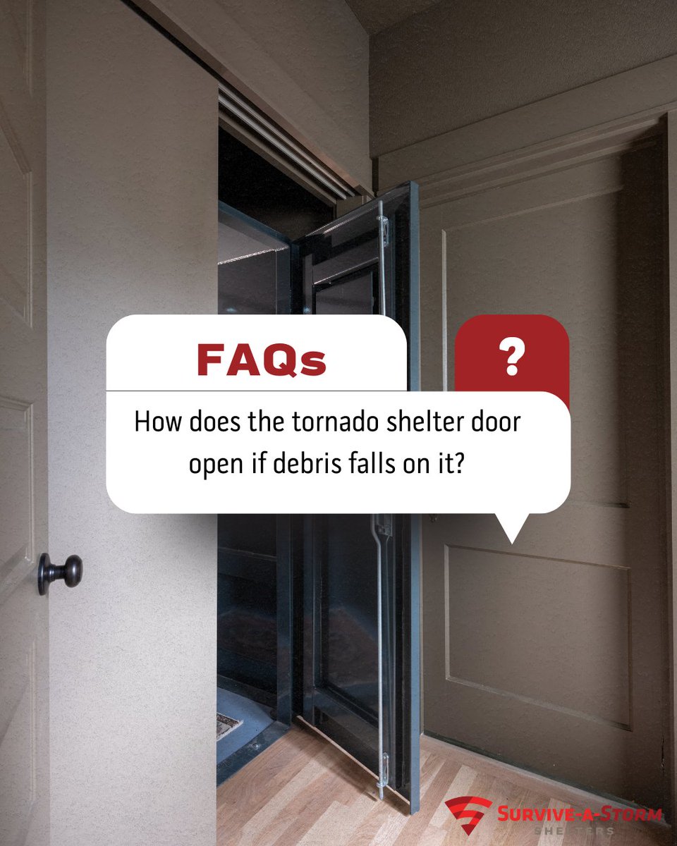 surviveastorm's tweet photo. Some shelters have inswing doors that open even with debris outside. Others include optional jacks to pry doors open. Every shelter has an escape hatch. Plus, our StormWarn service monitors your safety and alerts emergency crews with your exact GPS coordinates if needed. https://t.co/qsMyrjWo8j