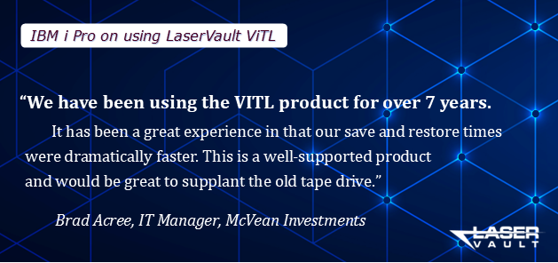 LVBackup's tweet photo. "Our save and restore times were dramatically faster.” Read more: https://t.co/CMs69u8esh #IBMi #VTL #backupandrecovery #LaserVault https://t.co/bFbrLKgSWA