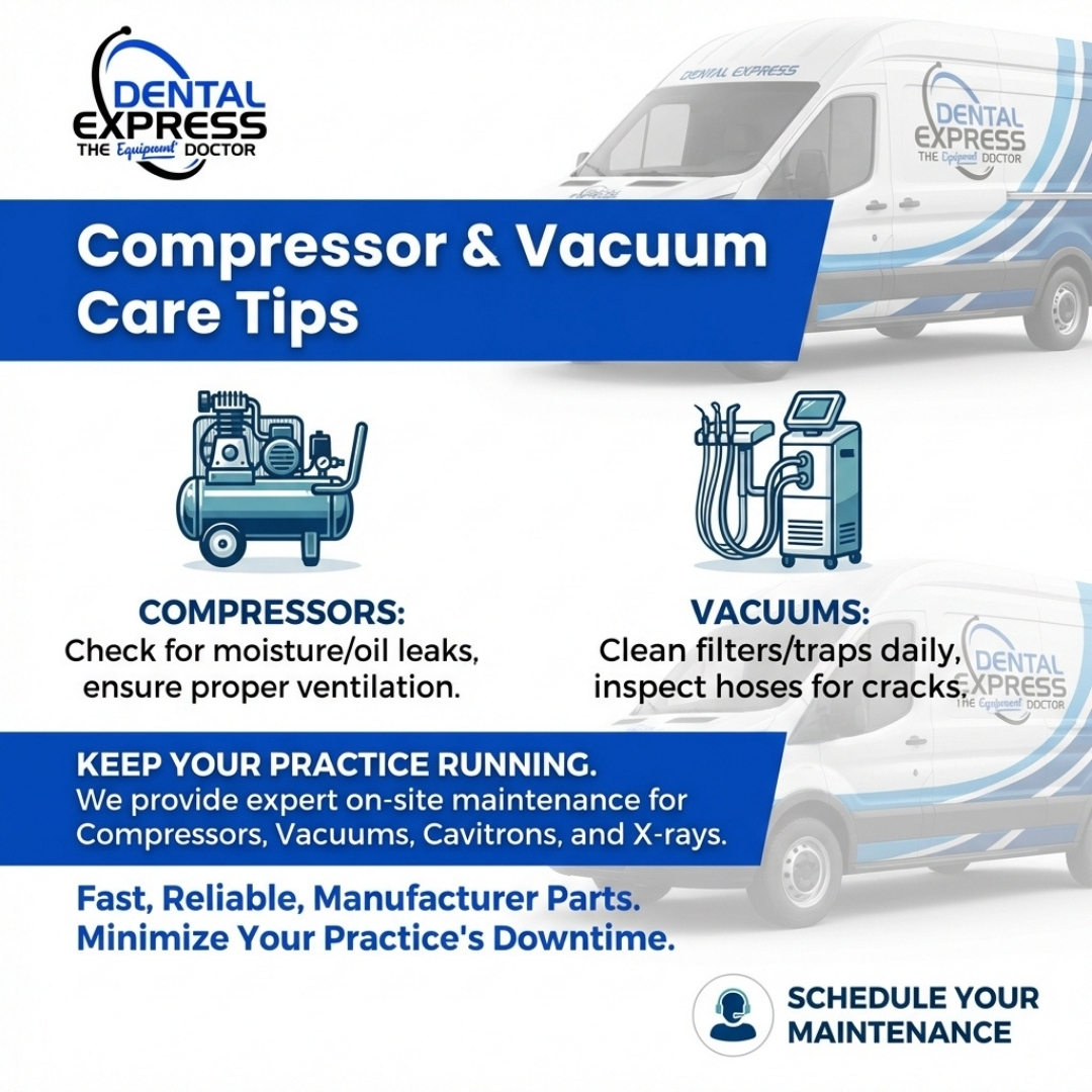 DentalExpresss's tweet image. Keep your practice running smoothly with expert tips on maintaining compressors, vacuums, cavitrons, and X-rays for optimal reliability and longevity. #DentalEquipment #PracticeMaintenance #CompressorCare #VacuumSystem #XrayMaintenance #DentalTechnology #EquipmentLongevity