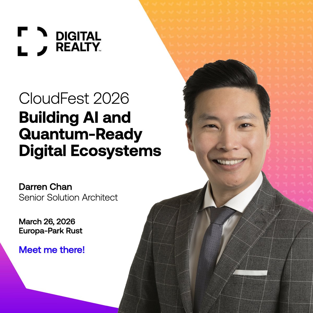 digitalrealtyDE's tweet photo. Join Digital Realty's Arena Stage session with Darren Chan at #CloudFest: He will be on the Arena Stage on Thursday, March 26, from 12:05–12:15 p.m. In this breakout session, Darren will share insights on "Connecting the Future: Building AI and Quantum-Ready Digital Ecosystems”. https://t.co/ksNzZ7WigE
