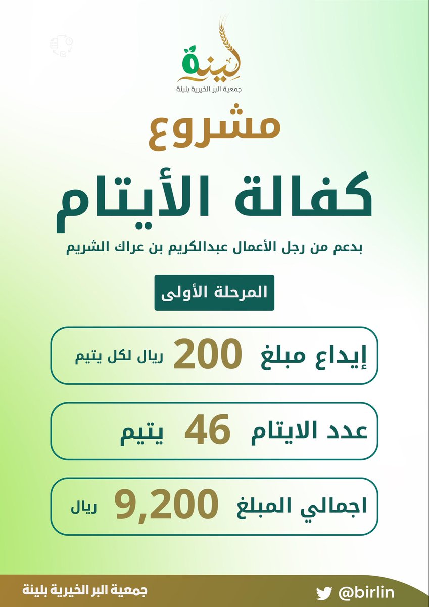 BirLinh's tweet photo. ضمن مبادرة  
في شهر الخير #ابشر_بالخير6 
والتي دشنها سمو أمير #منطقة_الحدود_الشمالية
قامت #جمعية_البر_الخيرية_بلينة
وبدعم من رجل الأعمال عبدالكريم بن عراك الشريم 
ايداع #كفالة_الأيتام
( المرحلة الأولى ) https://t.co/GJtG2EAHiG