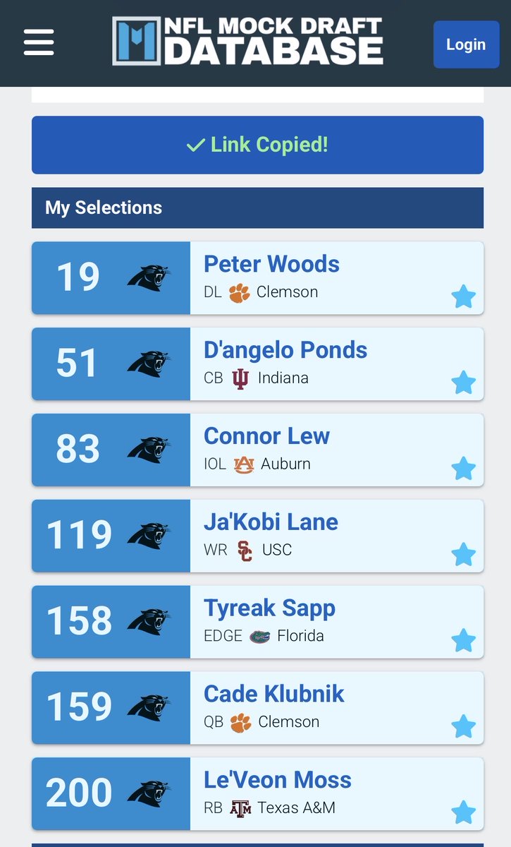 GABrown81's tweet photo. @PanthersAnalyst My no trade edition. 

Would move back to get as many top 100 picks as I can as this draft is deep just not a ton of star power. https://t.co/7PdTDko3d5