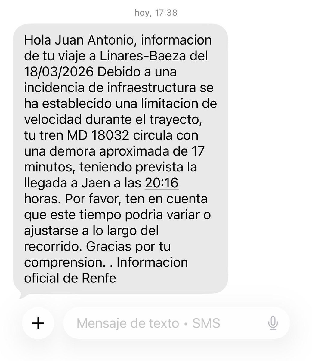 javalderas's tweet photo. @oscar_puente_ no quiero darle alas a la derecha, pero en un viaje con 2 tramos, 2 incidencias (100% fallo) y casi 8h para llegar a #Jaén. En coche se tarda menos. Así es imposible defender el tren. Que no hombre que no. #Adif tiene que hacerlo mucho mejor. Y tú 
#renfe #retrasos https://t.co/o9JLpWeer9