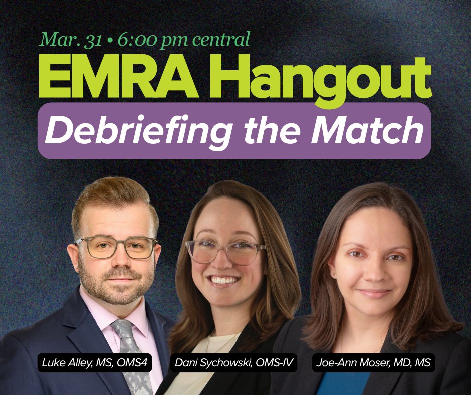 emresidents's tweet photo. This week comes with a lot of emotions and a lot to process. Come connect with the #EMRA community to reflect on the journey together at the MSC's EMRA Hangout: Debriefing the Match on March 31 at 6 PM CT: https://t.co/tzUnp2RhXl
#MatchWeek #FuturePhysicians #EMBound #Match2026 https://t.co/E4Qmv0HNAN
