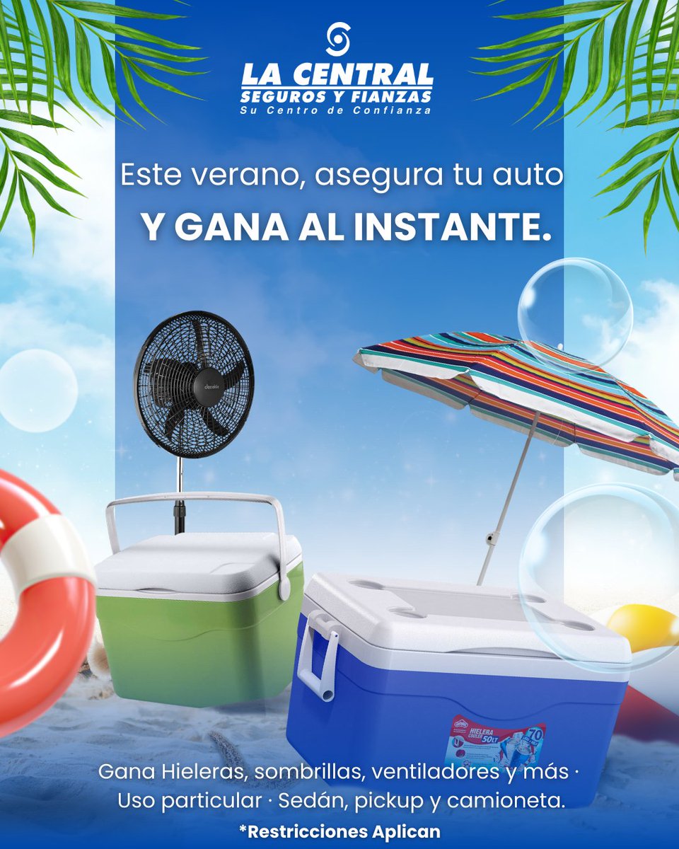 lacentralsv's tweet photo. 🚗 Maneja seguro este verano y gana al instante
Del 2 al 27 de marzo, asegura tu auto y participa 🎉
Pagando tu primera cuota, podrás ganar hieleras, sombrillas y más 🎁
Protege tu carro y disfruta el camino🙌✨
T&amp;C:https://t.co/GwGpBFYs0t
Más: información:https://t.co/hyyD26w9n4 https://t.co/z1lgq4BLe6