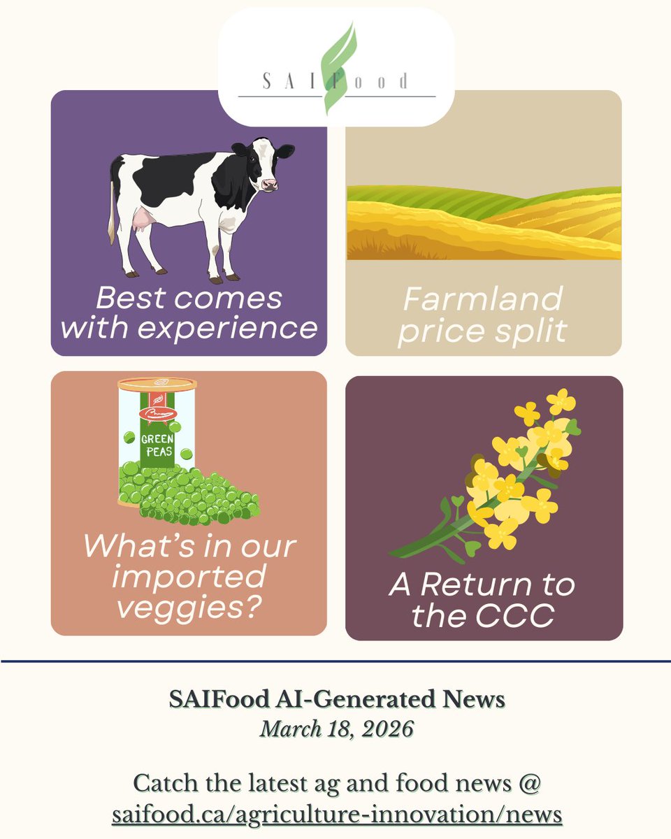 SAIFood_blog's tweet image. This week's #AIGeneratedNews:

🏷️ The two extremes of farmland prices
🐄 New insights on dairy performance
👨‍🌾 The Canola Council of Canada welcomes some old faces
🥫 Could vegetable imports be dangerous?

Check it out 👉 saifood.ca/agriculture-in…