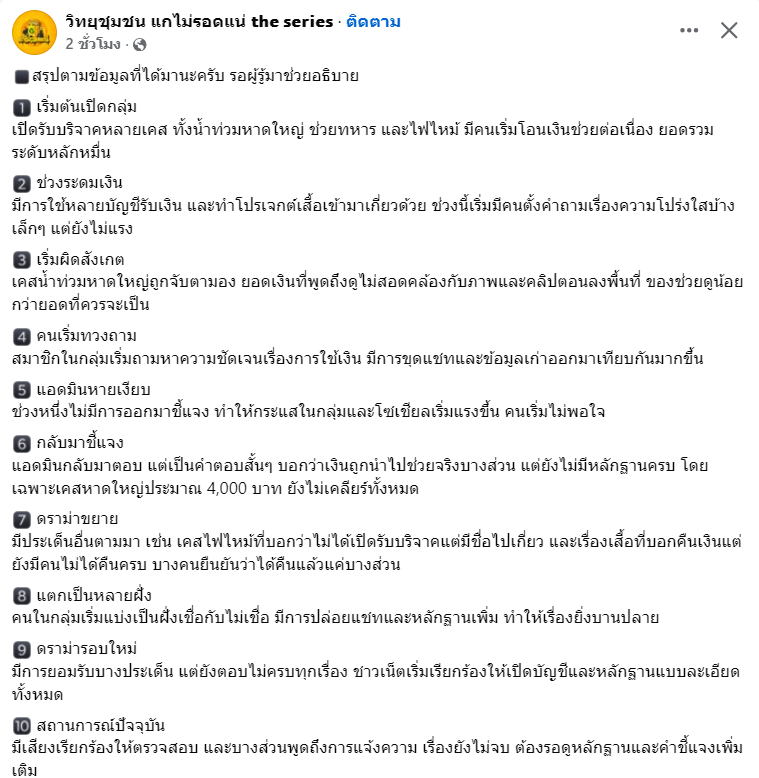 เอ้า หลวงพี่จัสเกมแล้วเหรอ 

ใครเคยบริจาคเงินให้กับเพจนี้ไปช่วยเหลือในเคสต่างๆ ทั้งน้ำท่วมหาดใหญ่ ช่วยทหาร และไฟไหม้ ก็น่าจะโดนเอาไปใช้ผิดวัตถุประสงค์