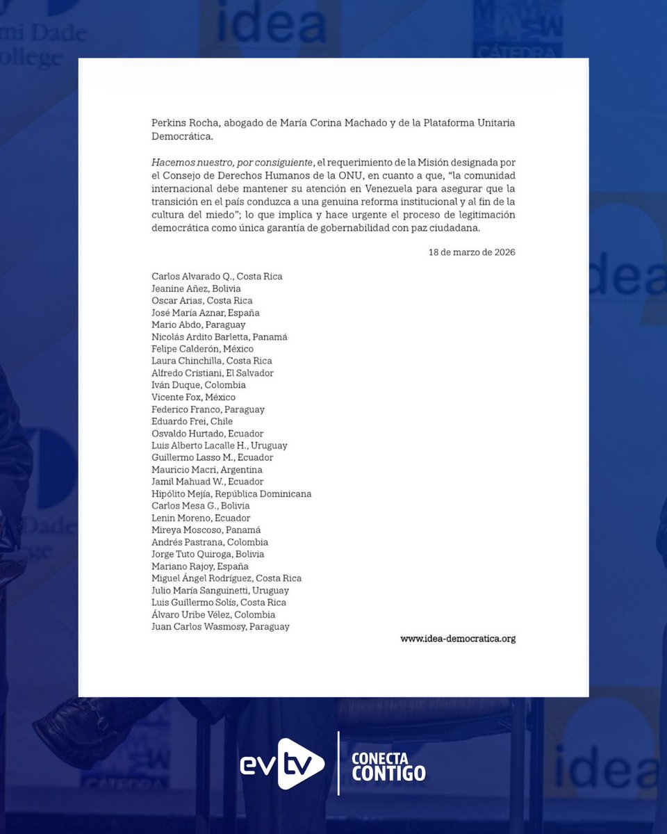 EVTVMiami's tweet photo. 🚨 Grupo IDEA: Delcy Rodríguez busca "ganar tiempo" para evitar el regreso de la democracia

🌎 Treinta expresidentes de Iberoamérica alertaron que el régimen de Delcy Rodríguez impulsa una "estabilización sin libertad" tras la captura del dictador derrocado, Nicolás Maduro. El Grupo IDEA denunció que la cúpula chavista utiliza la recuperación petrolera para atornillarse en el poder y frenar el cambio político urgente que demanda Venezuela.

📢 Los exmandatarios criticaron la aplicación selectiva de la Ley de Amnistía, señalando que más de 500 presos políticos, como el abogado Perkins Rocha, siguen tras las rejas o bajo arresto. El comunicado subraya que responsables de crímenes de lesa humanidad continúan ocupando cargos estratégicos en el Ejecutivo y los cuerpos de seguridad.

📌 Firmantes como Iván Duque, Mauricio Macri y Álvaro Uribe respaldaron la vigilancia de la ONU para garantizar una transición genuina. Los líderes advirtieron que no habrá paz ciudadana sin una legitimación democrática que ponga fin a la "cultura del miedo" impuesta por el aparato represivo que aún controla el chavismo.

#NoticiasEVTV #GrupoIDEA #Venezuela #Democracia
