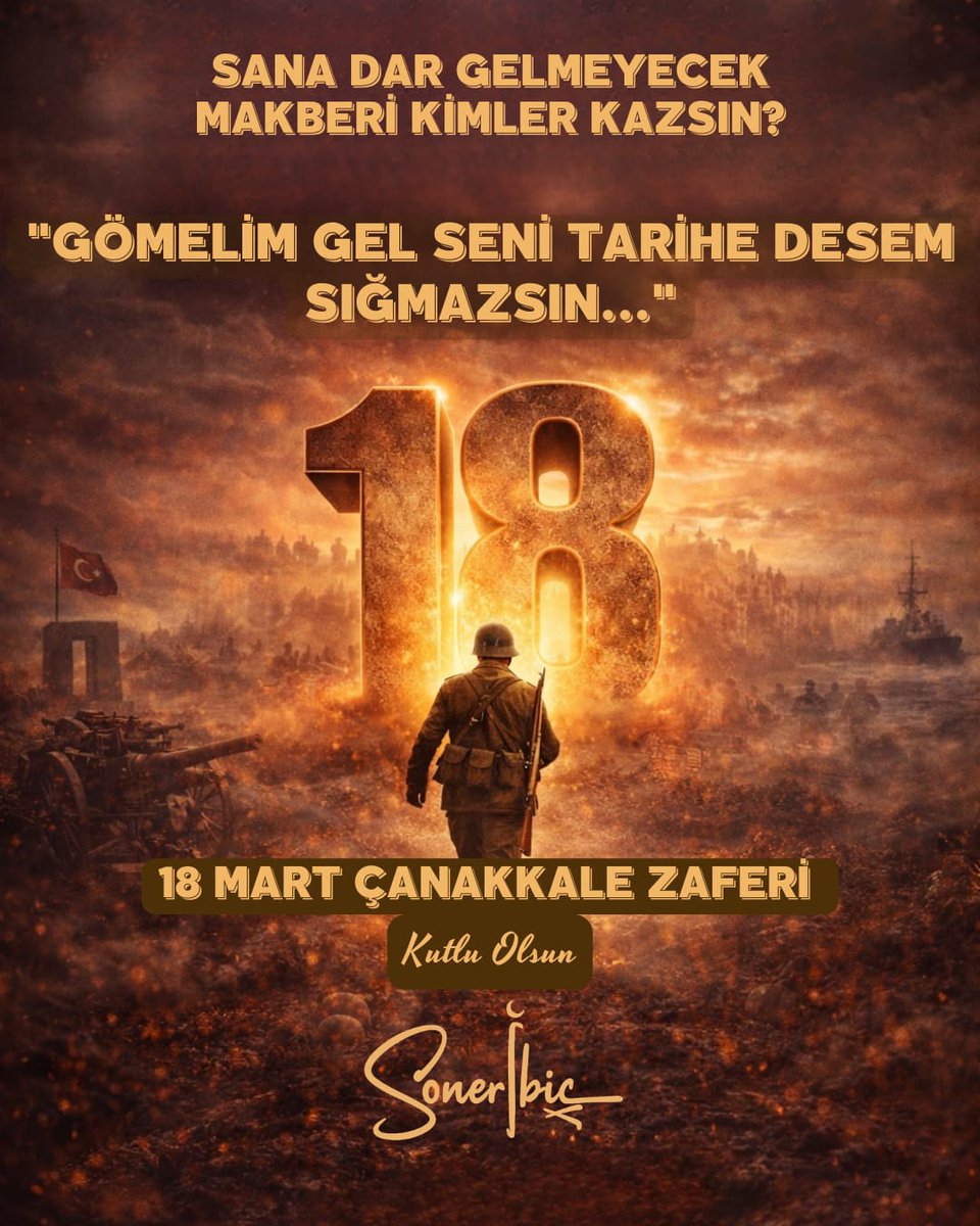 soneribic's tweet photo. 🇹🇷
Sana dar gelmeyecek makberi kimler kazsın…
Gömelim seni tarihe desem sığmazsın…

18 Mart, bir milletin yeniden doğduğu gündür.

İmanın, cesaretin ve fedakârlığın destanlaştığı yerdir Çanakkale…

Toprağa düşen her bir şehidimiz,
Bu vatanın sonsuza dek hür kalacağının teminatıdır.
Ruhları şâd, mekânları cennet olsun… 🤲

18 Mart Çanakkale Zaferi kutlu olsun 🇹🇷

#18Mart #ÇanakkaleZaferi #ŞehitlerÖlmez #VatanSevgisi