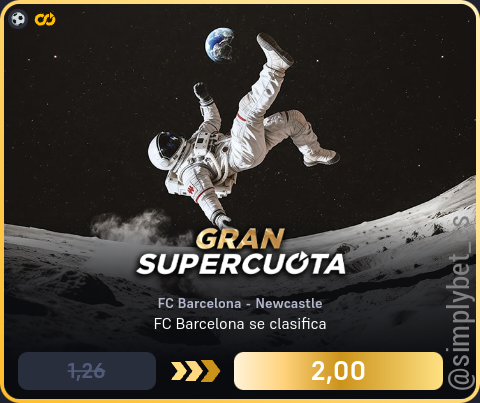 simplybet_es's tweet image. 🔊🔊 Supercuota DORADA Winamax 🔊🔊

⚽️ FC Barcelona - Newcastle (Hoy 18:45)
FC Barcelona se clasifica
1.26 ➡️ 2.00 (58.73%) [10€]

#winamax #supercuota #dorada