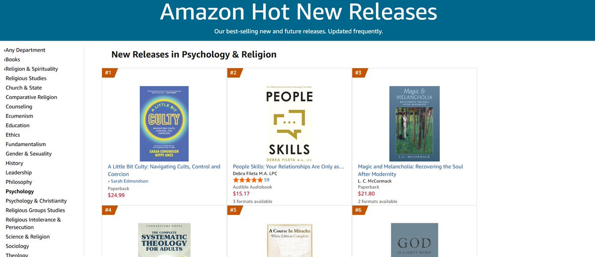 alittlebitculty's tweet image. We’re number 1! ☝🏻

Thanks to all of you, we’ve already hit Amazon’s “Psychology and Religion” bestseller list after only a couple days!

Have you ordered your copy of #ALittleBitCulty yet? 

Don’t forget to leave us a rating and review!

amzn.to/4sMrxpx

#cultbook