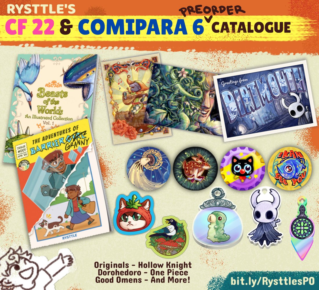 rysttle's tweet photo. I'll be at Comipara 6 at table D-15! Will also open orders for comifuro 22 
Fandoms: originals, hollow knight, one piece
Items: comic book, postcard, keychain, button pins, stickers, etc
Pre order link: https://t.co/REYI0jLJwY
#comipara6 #cf22 https://t.co/oZy87shXwg