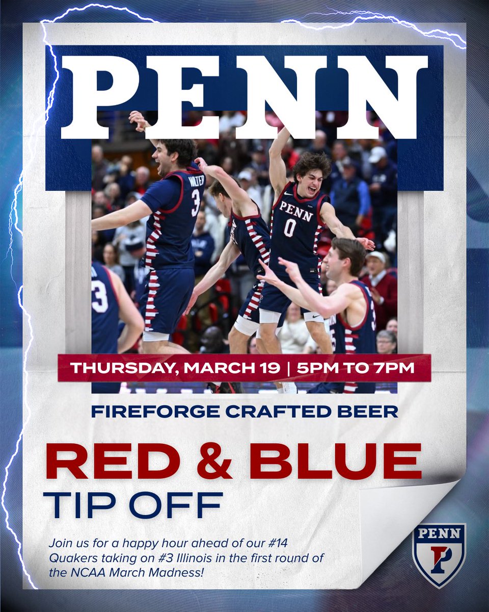 Join us for the 𝐑𝐞𝐝 &amp; 𝐁𝐥𝐮𝐞 𝐓𝐢𝐩-𝐎𝐟𝐟 𝐇𝐚𝐩𝐩𝐲 𝐇𝐨𝐮𝐫 before Penn takes on Illinois!

📅 Thursday, March 19 | 5–7 PM 📍 Fireforge Crafted Beer (10-min walk to arena) 🍽️ $50 (food + open bar)

🔗 shorturl.at/UsM7b

#FightOnPenn🔴🔵 #MarchMadness