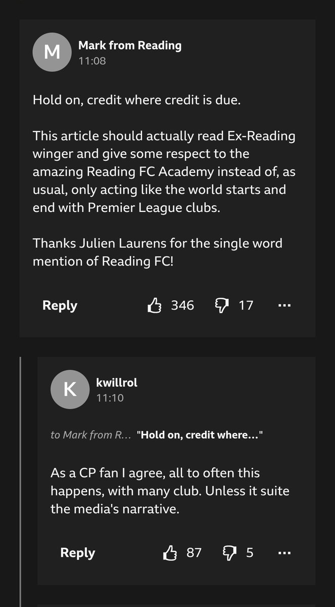 bluewhitewall's tweet photo. Mark from Reading rightfully deserves the top comment on BBC Sport's article about Michael Olise.
#ReadingFC https://t.co/p4PqUHjHVe