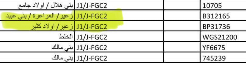 قبائل زعير المعقلية العربية – المغرب 🇲🇦
التحوّر: ظهرت عينتان على التحوّر الهوزاني FGC2، المخالف لموروثهم المعقلي ZS4756