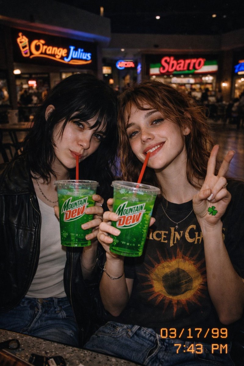 razzabuilds's tweet photo. “Shamrock & Dew” 🍀✌️
#90s #90sNostalgia #MallCore #FoodCourt #OrangeJulius #Sbarro #DisposableCamera #Y2K https://t.co/HnburlpOuh