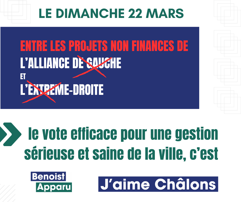 JaimeChalons's tweet photo. Le 22 mars, vous choisissez une équipe pour gérer Châlons.
✔ décisions sérieuses
✔ finances maîtrisées
✔ projets réalistes
👉 Le vote efficace, c’est J’aime Châlons.
#ChalonsEnChampagne #Municipales2026 https://t.co/2cHszVUkpt