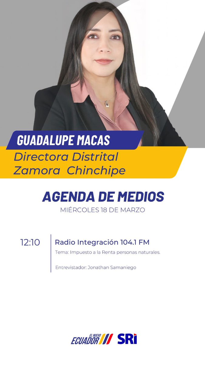 #SRIEnMedios

Hoy estaré en los estudios de <a href="/integracion1041/">RADIO INTEGRACION</a> de #ZamoraChinchipe para dialogar sobre el Impuesto a la Renta para personas naturales. 📑

¡Te invito a sintonizarnos! 🎙️✅