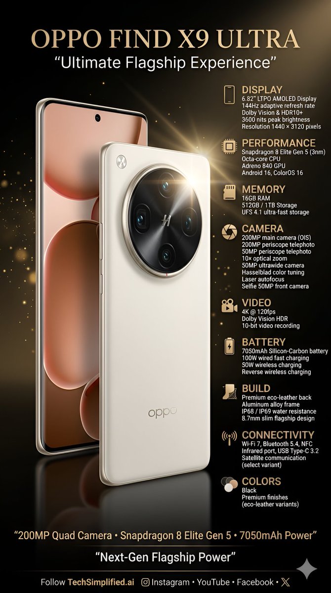 Techsimplied_AI's tweet photo. 📱🔥 OPPO Find X9 Ultra
Next-gen flagship power ⚡ | Stunning AMOLED display 📺
Pro-grade cameras 📸 | Ultra-fast charging 🚀
OPPO’s ultimate flagship experience. 🤯
Would you upgrade? ⬇️
#OPPOFindX9Ultra #OPPOFindX9 #OPPOFlagship #UltraFlagship #ProCameraPhone https://t.co/OUCv4Dk8IX