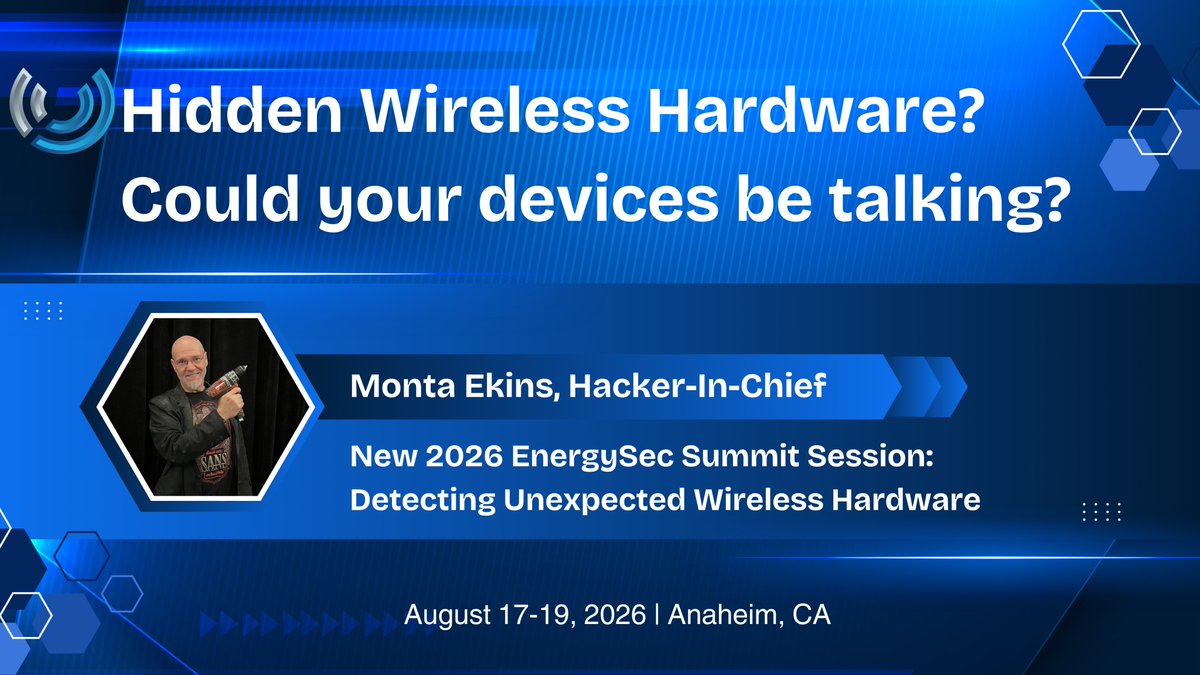 🔍 Are your devices talking without you knowing?

At the 21st EnergySec Security AND Compliance Summit, <a href="/montaelkins/">Monta Elkins</a> will be tackling how to detect undocumented or unexpected wireless hardware in modern devices.

🐦 Birds of a Feather Discussion: Finding Undocumented or