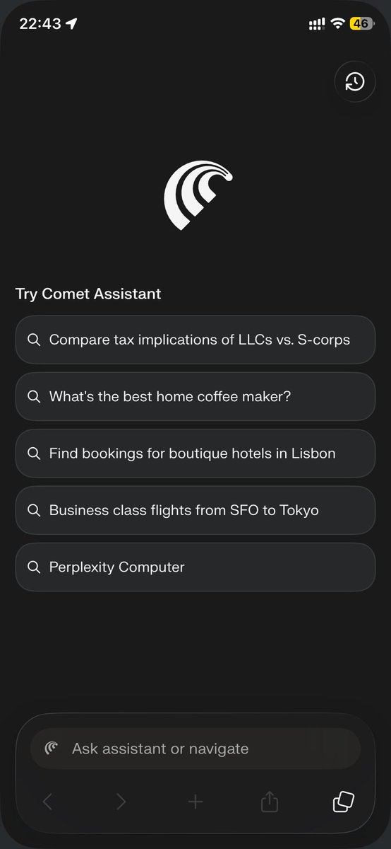 unknownuser_972's tweet photo. Comet on iPhone! Excited to give it a go  @comet @perplexity_ai https://t.co/7YVQ1DG6QL