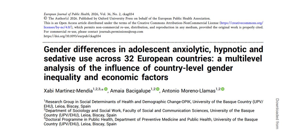 Opik_ikerketa's tweet photo. 📢Publicamos artículo en la European Journal of Public Health:

"La brecha de género en el consumo adolescente de ansiolíticos e hipnosedantes (AHS) aumenta en los países europeos con mayor desigualdad de género y de ingresos, y menor PIB per capita"

👇👇
https://t.co/YEz1HugUXE https://t.co/bzDVEkL23Y