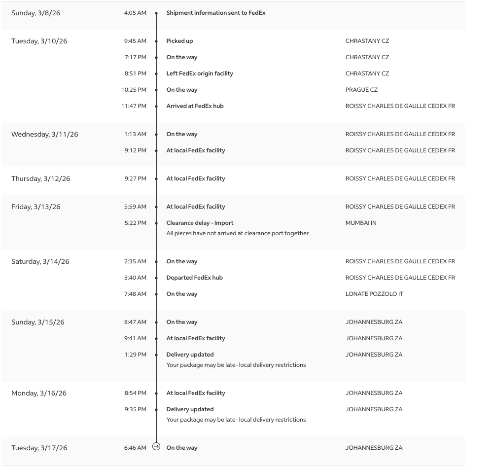 rsubbuilds's tweet photo. @FedEx @FedExHelp - Having spent over $500 for  priority shipment to India, I find that the package is sitting in Johannesburg 10 days later (probably enjoying a safari). 

What is even more frustrating is that it is impossible to reach anyone at FedEx or talk to a human being to answer a simple question - when will I get my package?

The IVR is terrible - seems that whoever designed it only considered the best case scenario. The whatsapp interface is awesome if you only want "Sorry I don't understand" as a response for any question.

I would appreciate it if someone could reach out/DM me so that I can get some real answers.