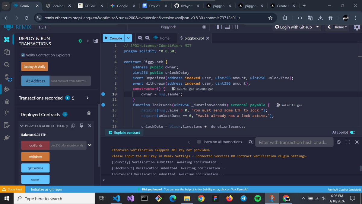 ayyxbt's tweet photo. Day 29
PiggyLock is live working on sepolia eth only atm
Pigglock - https://t.co/tDIS39PPwk
Todays task wasn't easy
read the docs and used AI for this build
also learnt a lot building this
@gdgoc_bowen
#GDGoCBowen
#GDGoC30DayChallenge https://t.co/SVVvAwT2ty