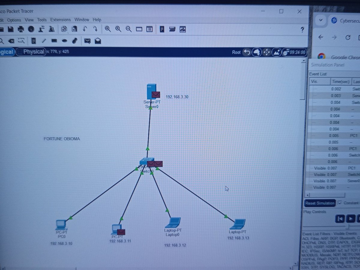 obiomafortune1's tweet photo. I learnt how the network works using Cisco Packet Tracer.
I set up a simple LAN connecting 2 PCs, 2 Laptops, a Switch and a Server. I ensured full communication across the network by cross pinging the PCs and Laptops using their assigned IP addresses.
@TechSphereAcad @FavourOnoko https://t.co/gduuNQNaJ1
