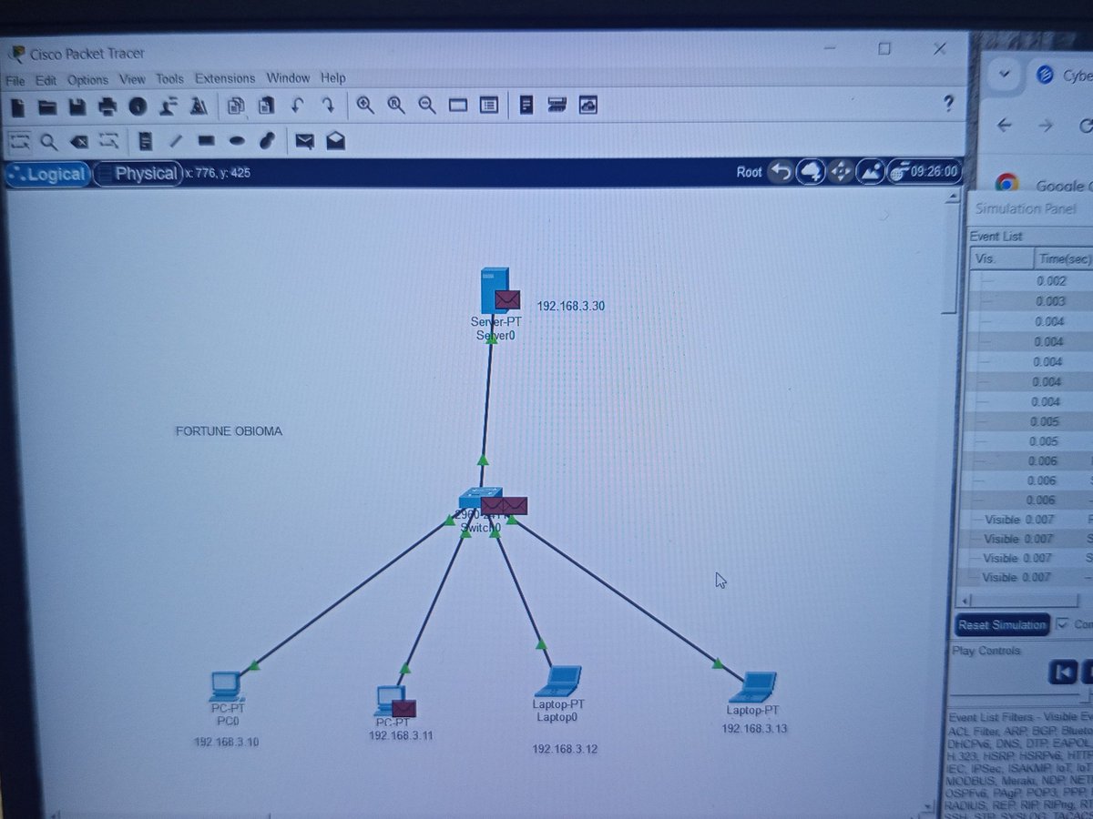 obiomafortune1's tweet photo. I learnt how the network works using Cisco Packet Tracer.
I set up a simple LAN connecting 2 PCs, 2 Laptops, a Switch and a Server. I ensured full communication across the network by cross pinging the PCs and Laptops using their assigned IP addresses.
@TechSphereAcad @FavourOnoko https://t.co/gduuNQNaJ1