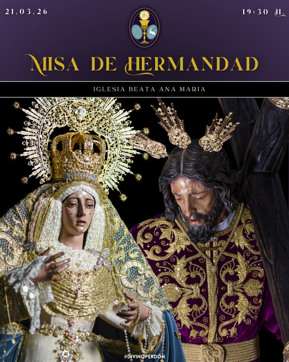 HdaDivinoPerdon's tweet photo. 🟣⚫️ #Cultos | El próximo sábado tenemos nuestra Misa de Hermandad mensual. Será un momento para reunirnos como familia, rezar juntos y seguir fortaleciendo la fe que nos une a todo el barrio. 🙏✨

🗓️ Sábado, 21 de Marzo
📍 Iglesia Beata Ana María
🕓 19:30 horas

#DivinoPerdón https://t.co/yt56xWk27d