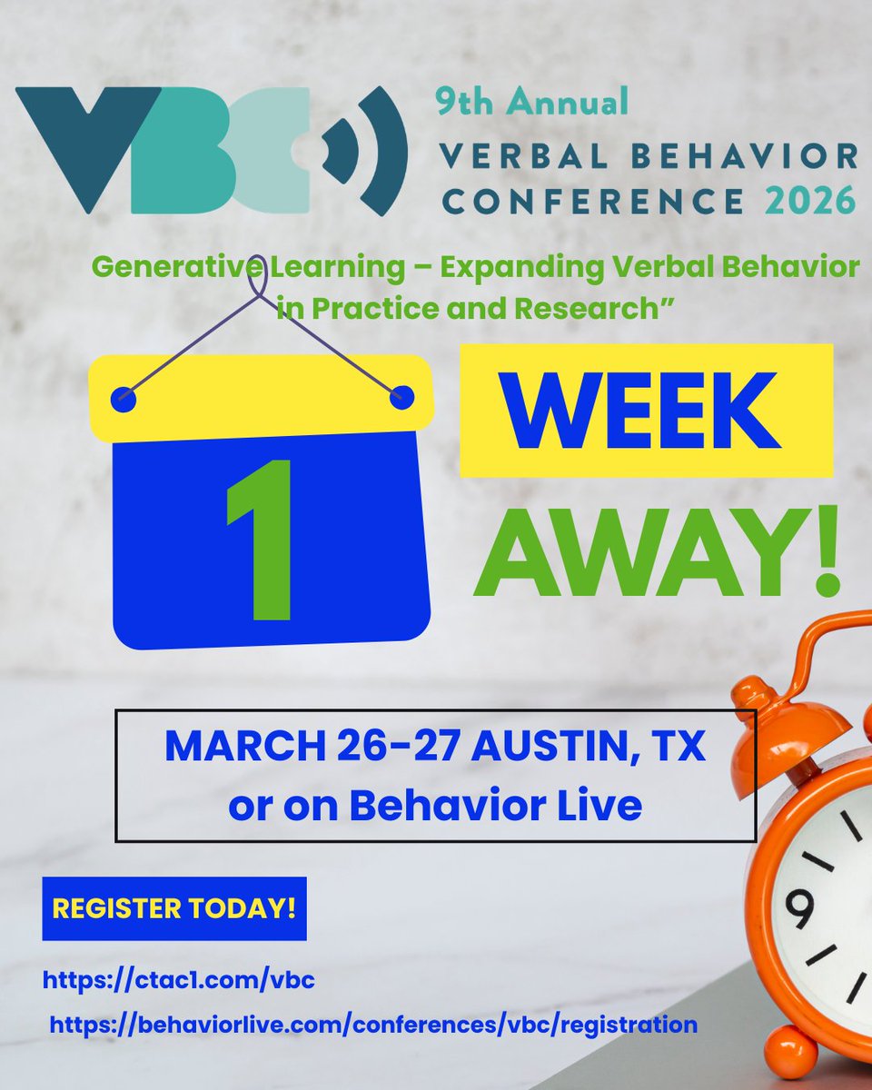 CTACHQ's tweet photo. We are thrilled, as the countdown begins! A few more spots left, and we encourage you to register today for VBC 2026! MARCH 26-27,2026. https://t.co/yhWyRtdRnI #VerbalBehavior #BehaviorAnalysis #BACBCEUs #AutismSupport #AustinTXEvents #GenerativeLearning https://t.co/k2DEtklURE