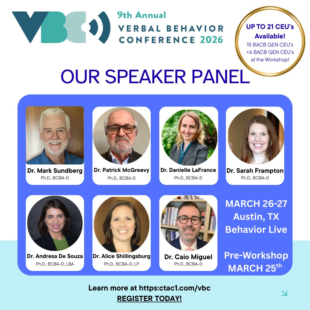 We are thrilled, as the countdown begins! A few more spots left, and we encourage you to register today for VBC 2026! MARCH 26-27,2026. behaviorlive.com/conferences/vb… #VerbalBehavior #BehaviorAnalysis #BACBCEUs #AutismSupport #AustinTXEvents #GenerativeLearning