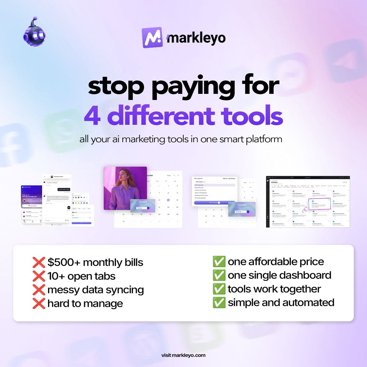 MarkleyoAI's tweet image. Say goodbye to juggling multiple tools and hello to simplicity with Markleyo AI! 🚀 Consolidate your workflow, save money, and streamline your data with one easy-to-use dashboard. 🙌 #ProductivityGoals #MarkleyoAI