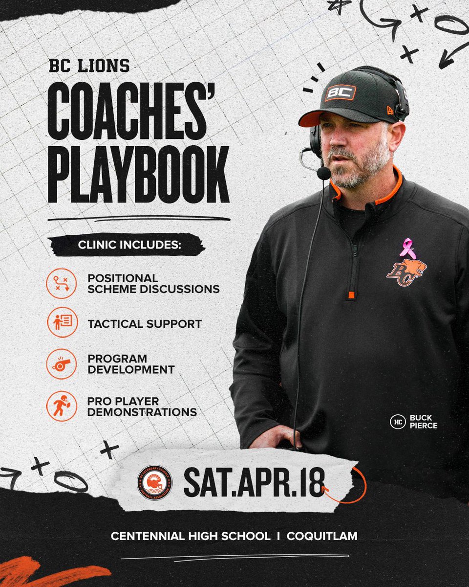 BCLions's tweet photo. Our Coaches’ Clinic is back. 🏈

Join BC Lions Head Coach Buck Pierce and staff on April 18 in Coquitlam.

Learn new skills, develop your program, and take your coaching to the next level.

REGISTER NOW ➡️ https://t.co/N64vVlNhy9 https://t.co/kynwNdc16R