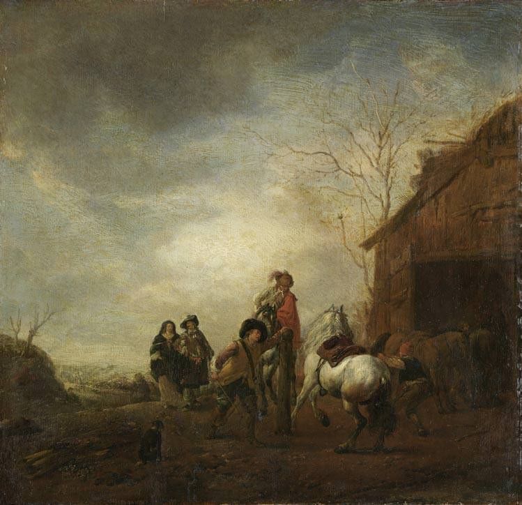 emswifthook's tweet photo. This is 'Riding Academy' by Philips #Wouwerman (1619β1668) which is in the Bavarian State Painting Collections.
Something seems to have upset that grey horse - perhaps it's the red coat the rider in front of it is sort of wearing... https://t.co/xtmxW6IvEw